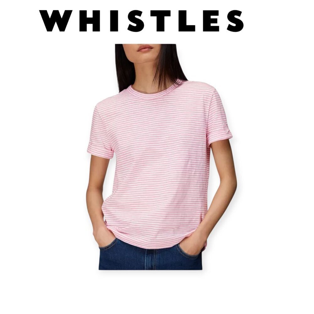 Whistles Emily Pink Stripe Cotton Tee Relaxed Short Sleeve XS Everyday Top Basic